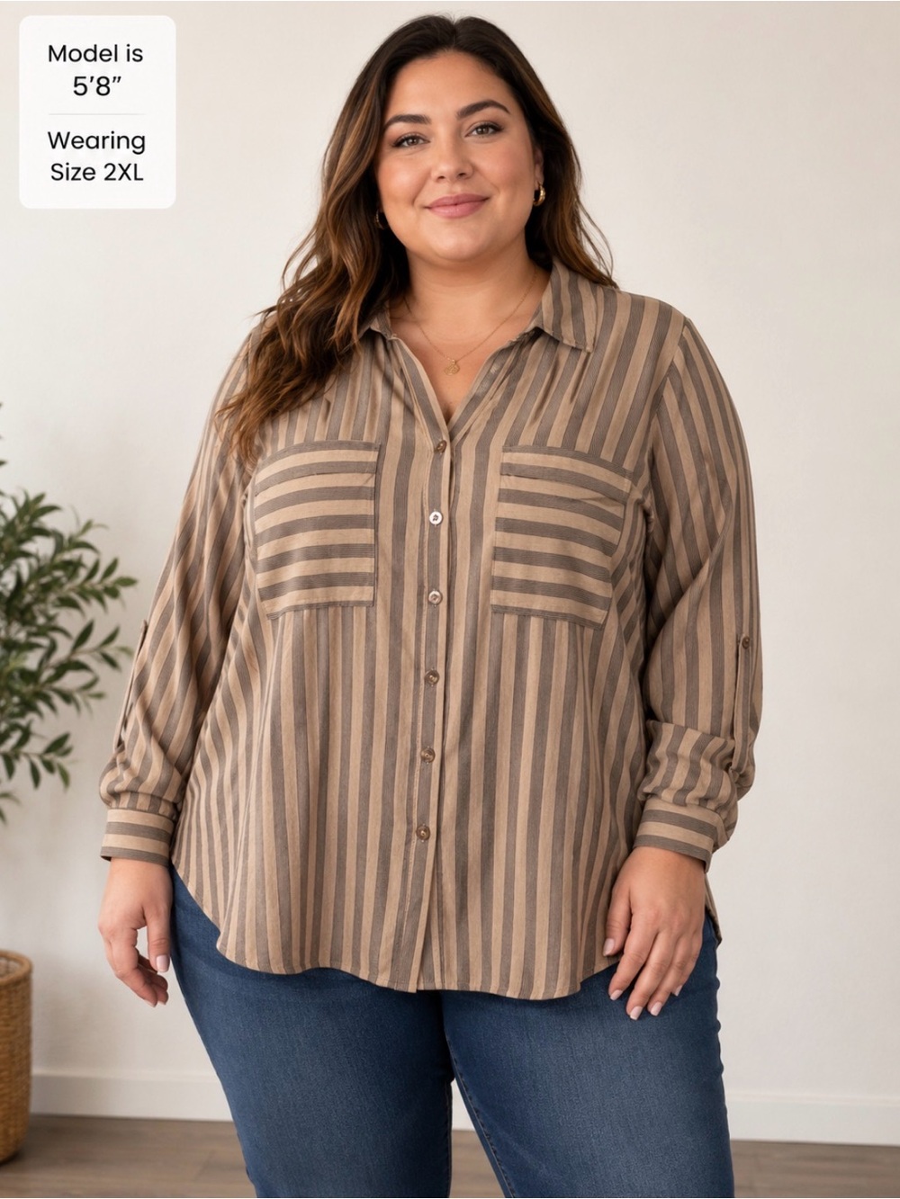 Flower & Feather Long Sleeve Roll Tab Black & Taupe Elegant Striped Blouse 2XL
